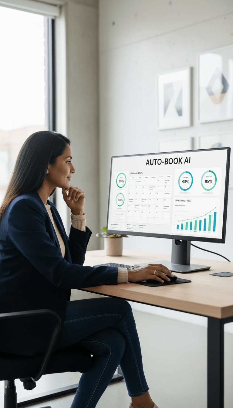 Service business owner in modern office reviewing AI appointment system on a monitor.